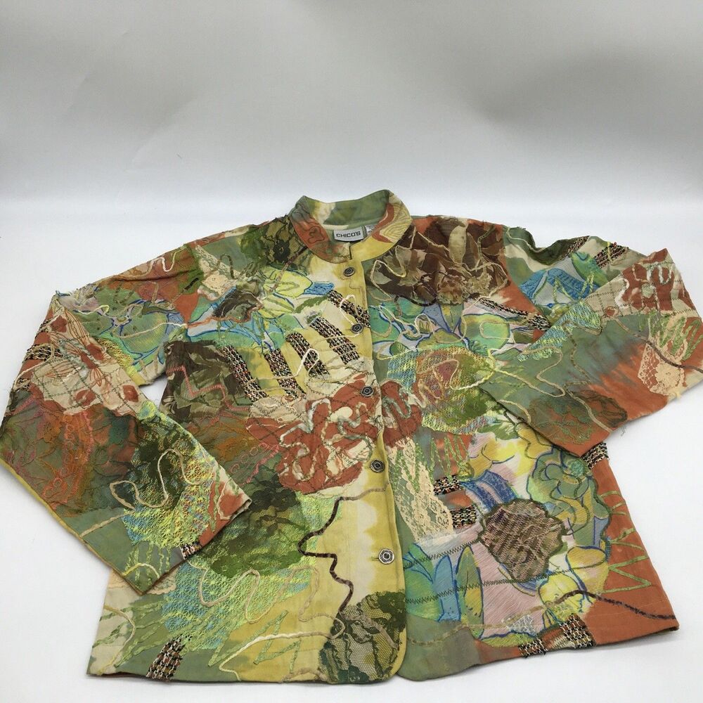 1990s Chico’s Jacket Womens S /0 Mixed Media  Abstract Cotton Vintage Boho Green